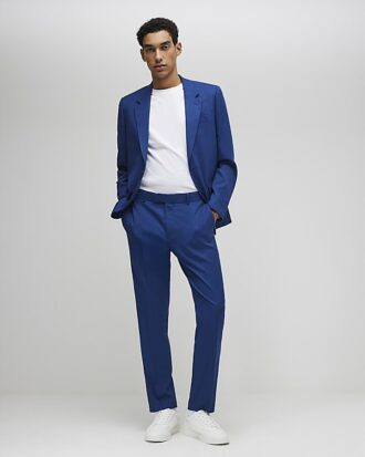 Blå slim fit-kostymbyxor med struktur