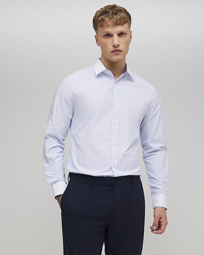 Blå slim fit-skjorta med ränder