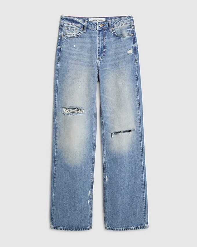 Blå slitna jeans med rak passform