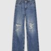 Blåa avslappnade raka jeans med slitsar