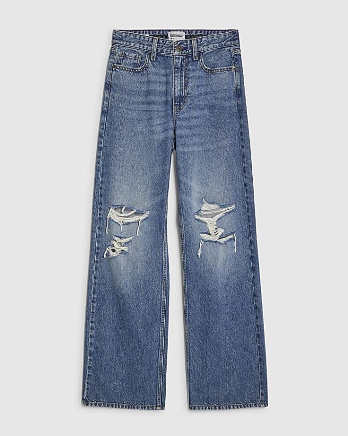 Blåa avslappnade raka jeans med slitsar