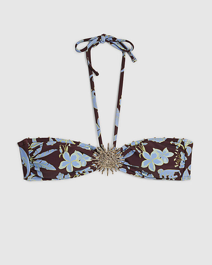 Brun bandeau-bikini med tropiskt mönster
