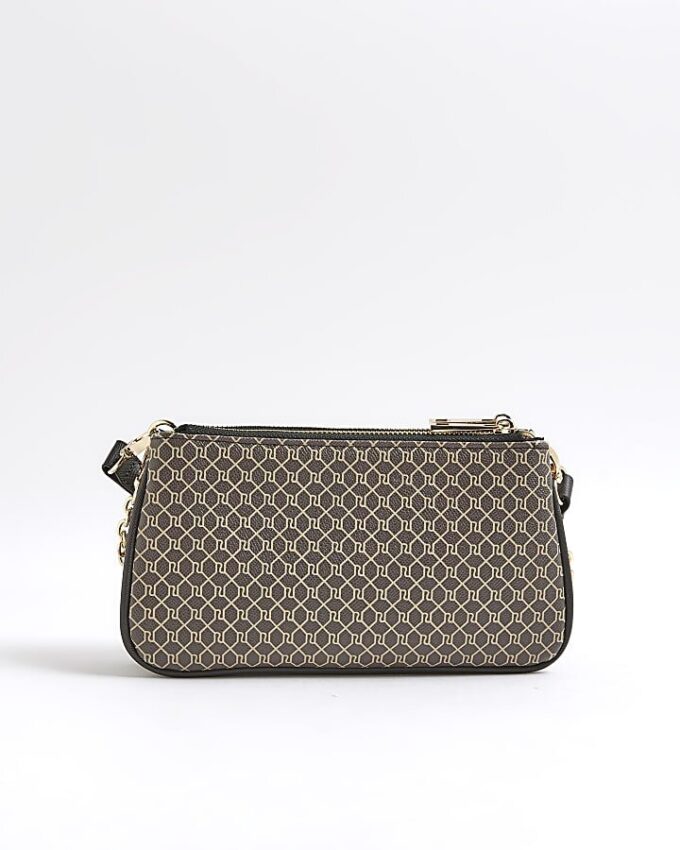 Brun crossbody-väska med monogramtryck och kedja