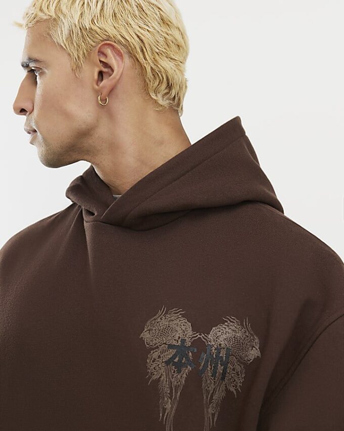 Brun hoodie i oversized-modell med Kagoshima-drake