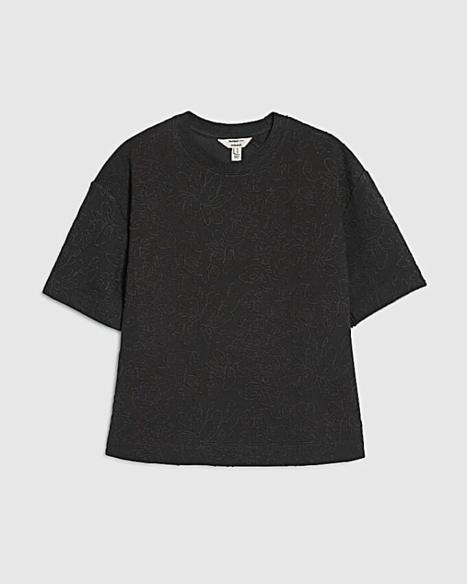 Brun jacquard-T-shirt med korta ärmar och boxig passform