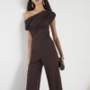 Brun kortärmad asymmetrisk draperad jumpsuit