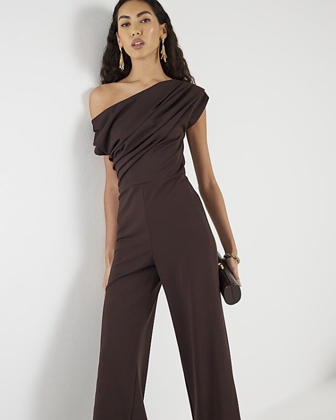 Brun kortärmad asymmetrisk draperad jumpsuit