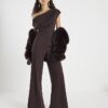 Brun kortärmad asymmetrisk draperad jumpsuit