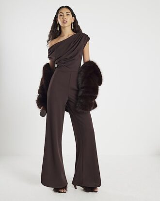 Brun kortärmad asymmetrisk draperad jumpsuit