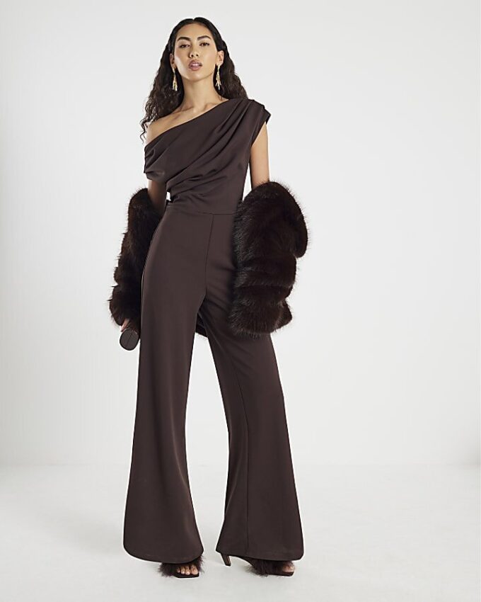Brun kortärmad asymmetrisk draperad jumpsuit