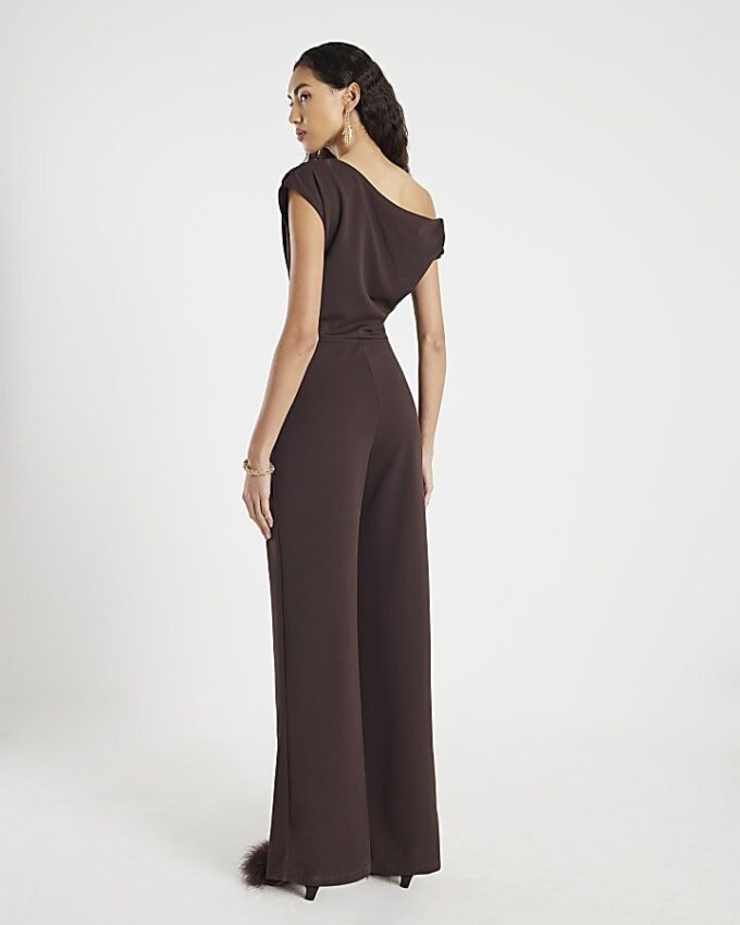 Brun kortärmad asymmetrisk draperad jumpsuit