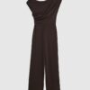 Brun kortärmad asymmetrisk draperad jumpsuit