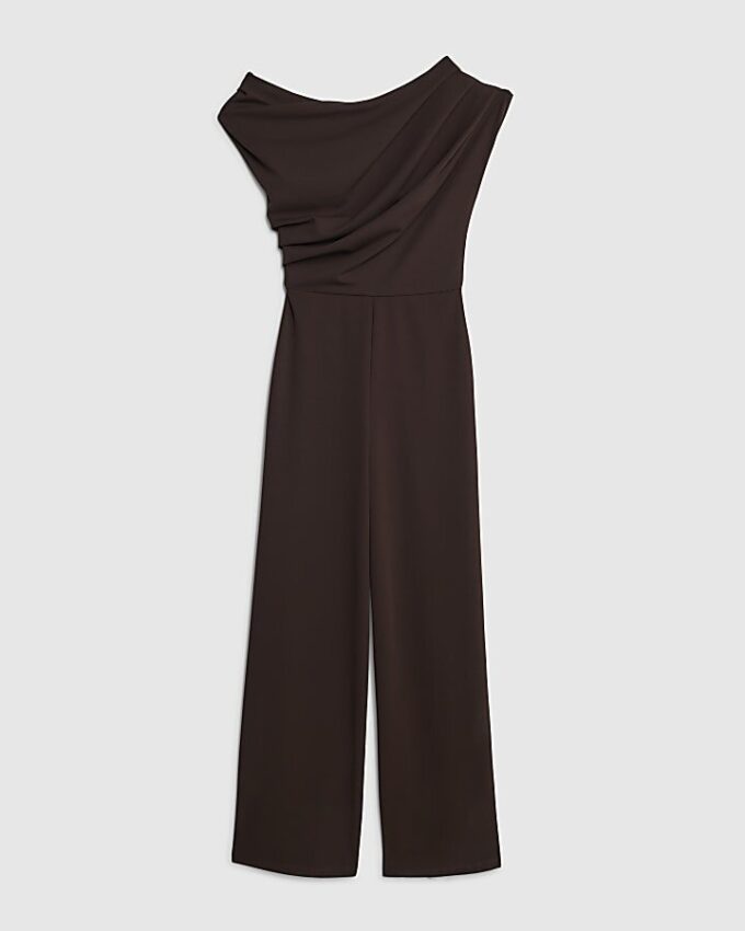 Brun kortärmad asymmetrisk draperad jumpsuit