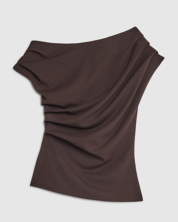 Brun kortärmad off shoulder-top med drapering