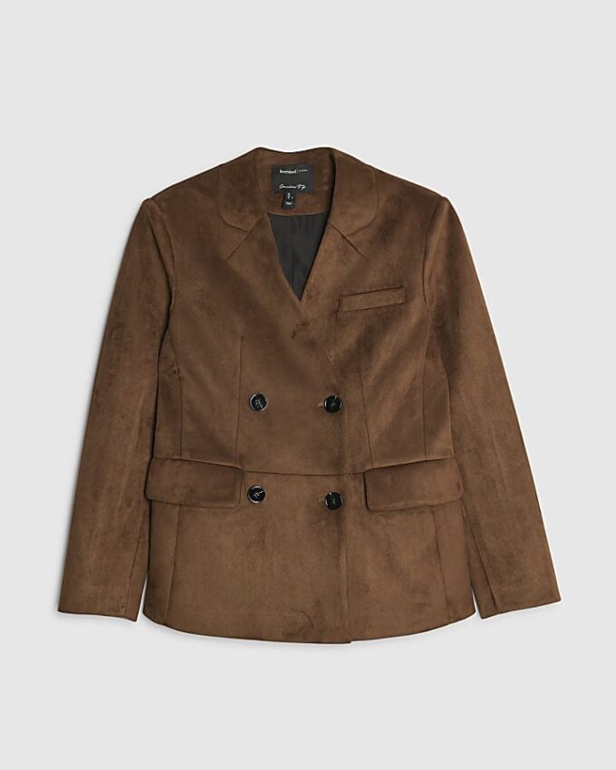 Brun kragefri blazer i imitationsmocka