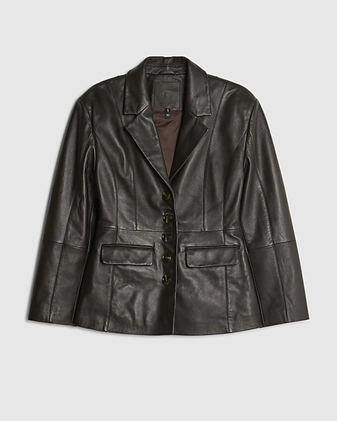 Brun läderblazer med figursydd midja