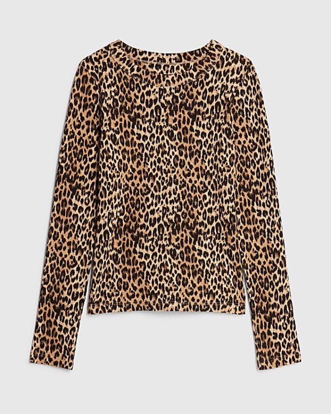 Brun långärmad figursydd topp med leopardmönster