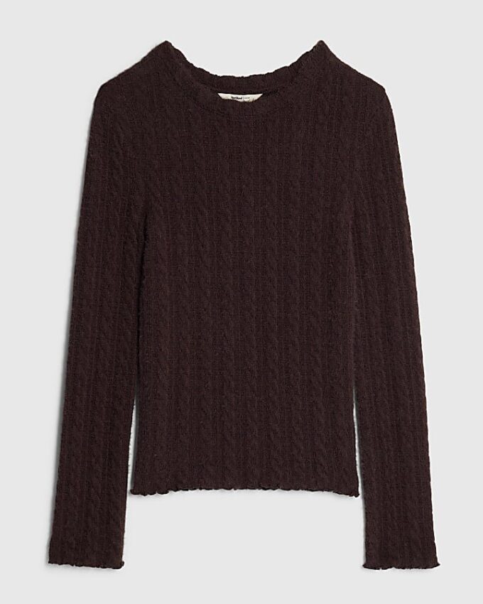 Brun långärmad kabelstickad figursydd topp Brun långärmad kabelstickad figursydd topp