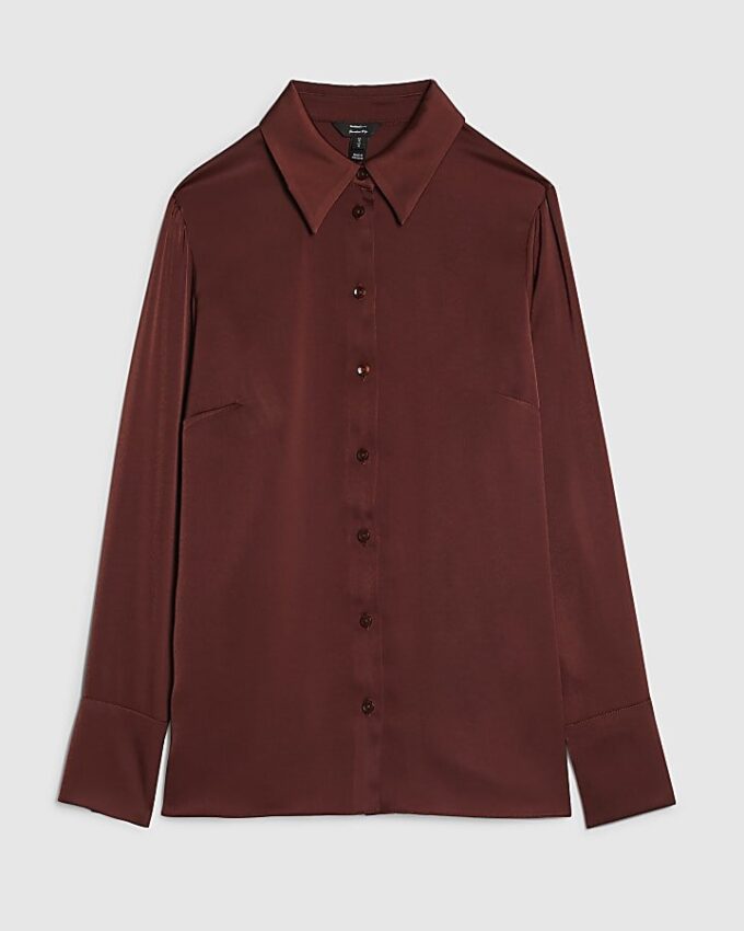 Brun långärmad slim fit-skjorta i satin