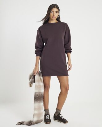 Brun långärmad sweatshirt-miniklänning