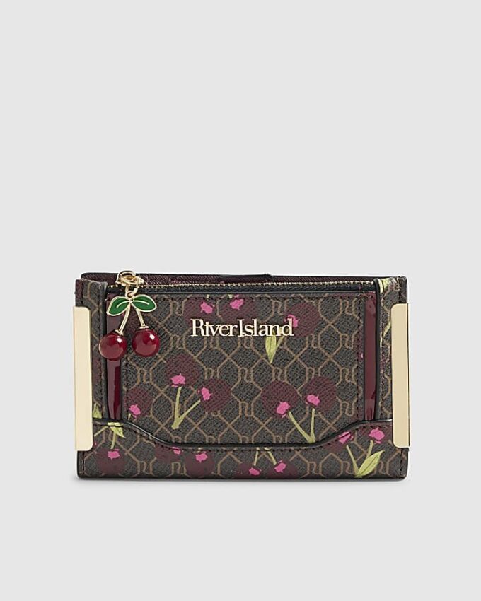 Brun miniplånbok med körsbärsmonogramtryck