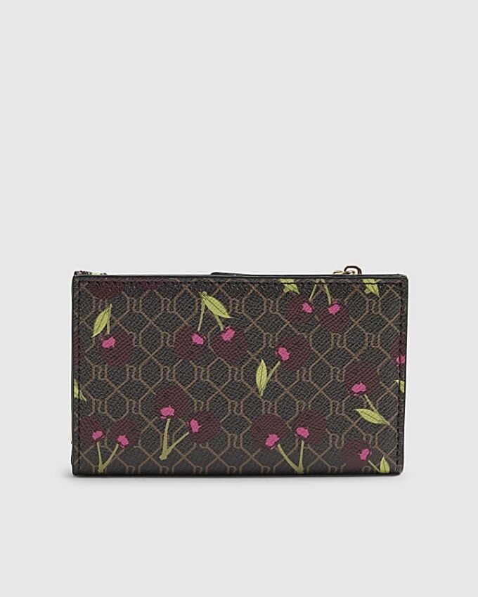 Brun miniplånbok med körsbärsmonogramtryck