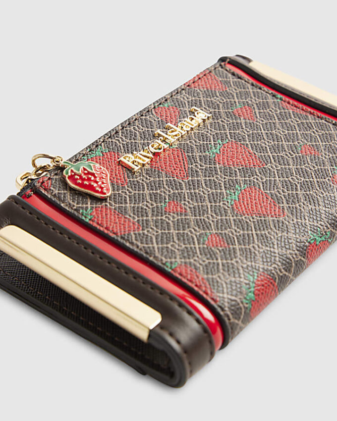 Brun miniväska med monogram och jordgubbsmönster