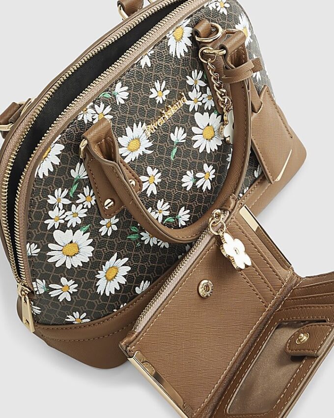 Brun monogram-tote med daisy-motiv