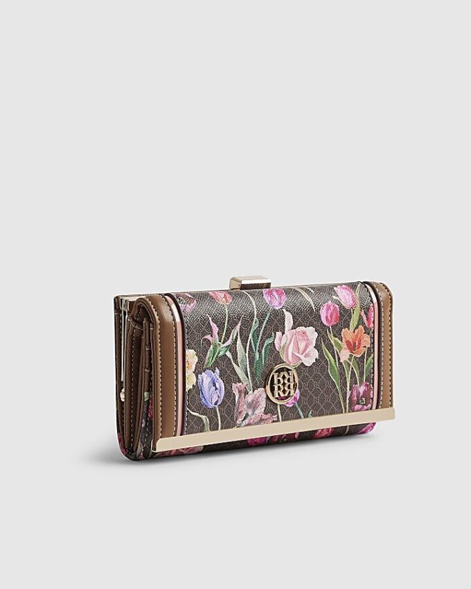 Brun plånbok med blommönster och klämfäste