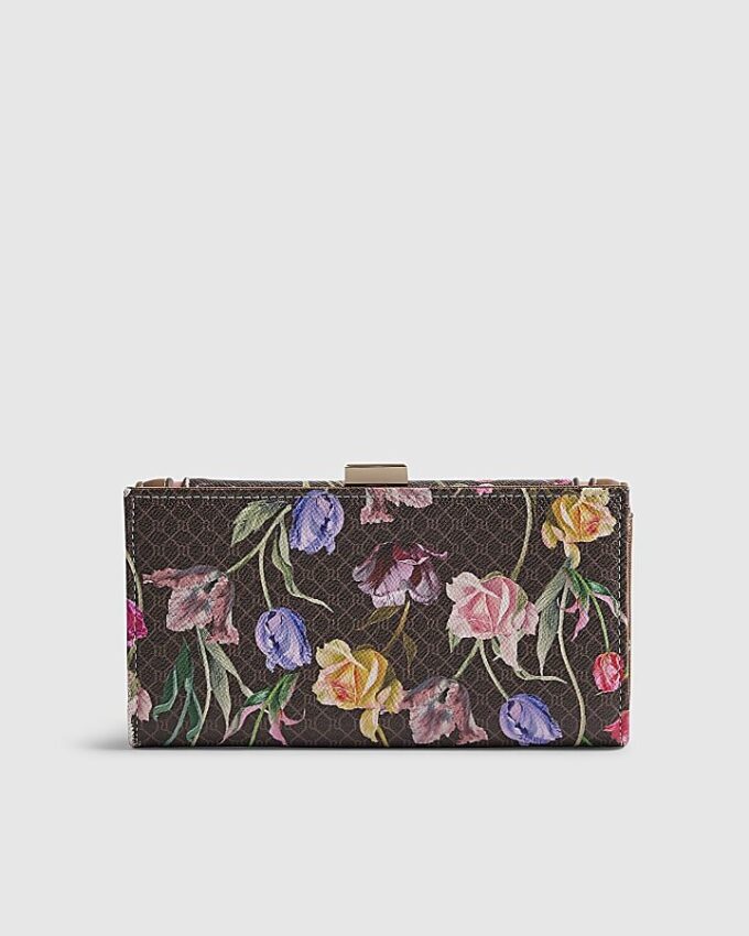 Brun plånbok med blommönster och klämfäste