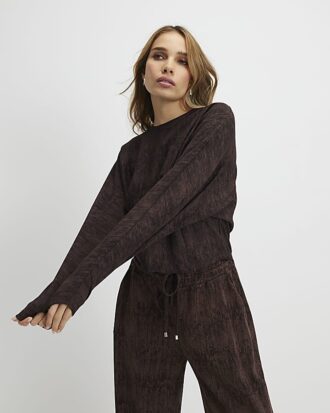 Brun premium-batwing-top med skrynkleffekt