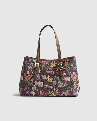 Brun shopperväska med blommigt monogram och spänne