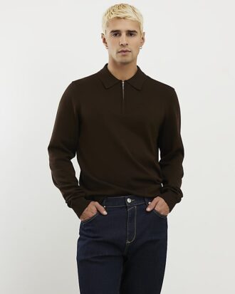 Brun slim fit-tröja med dragkedja