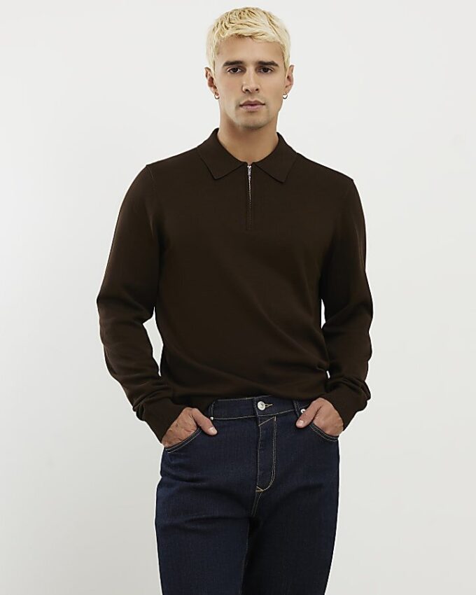 Brun slim fit-tröja med dragkedja