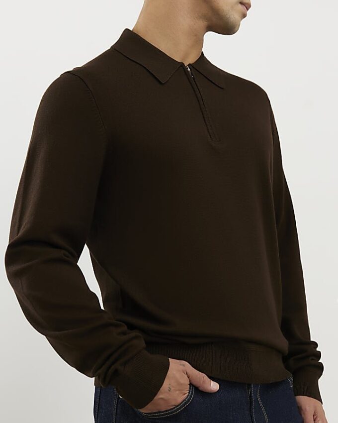 Brun slim fit-tröja med dragkedja