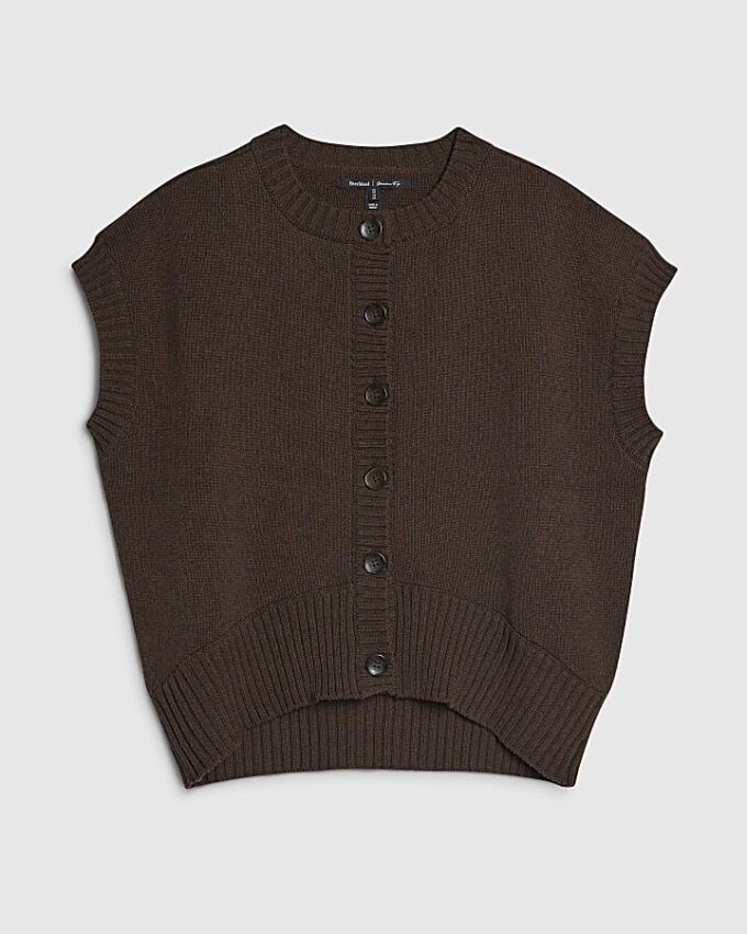 Brun stickad ärmlös topp med ribbad fåll