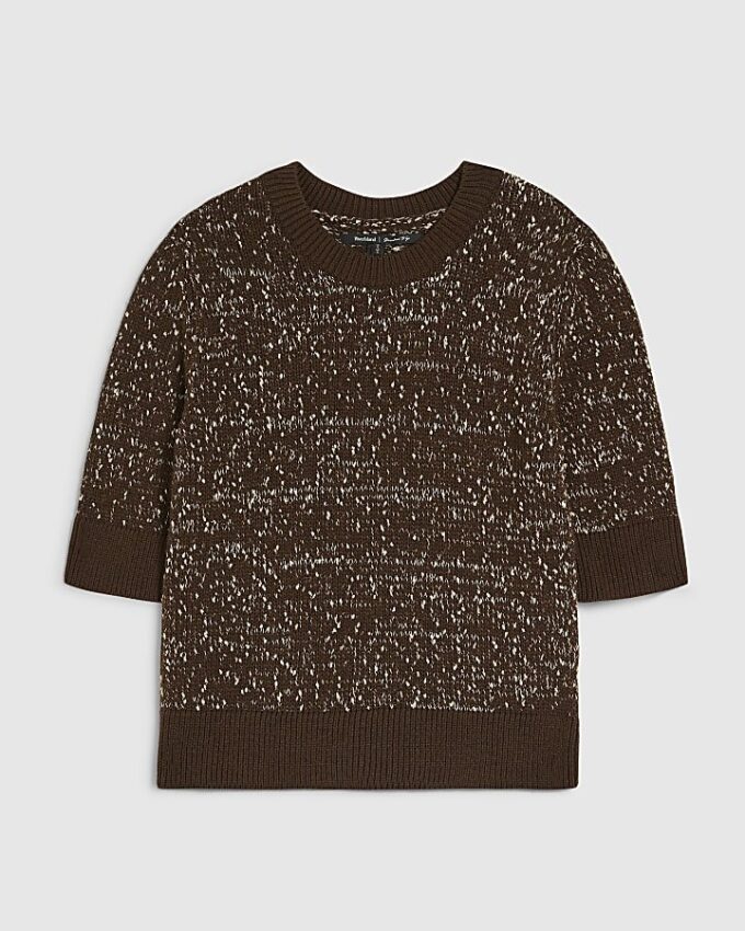Brun texturerad stickad kortärmad topp