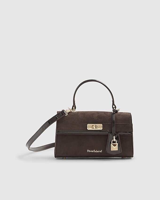 Brun totebag i imitationsmocka med lås fram