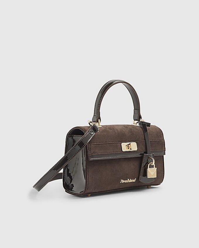 Brun totebag i imitationsmocka med lås fram