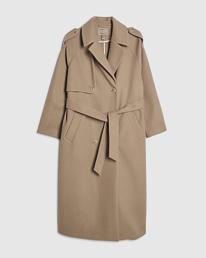 Brun trenchcoat i imiterad ull med bälte