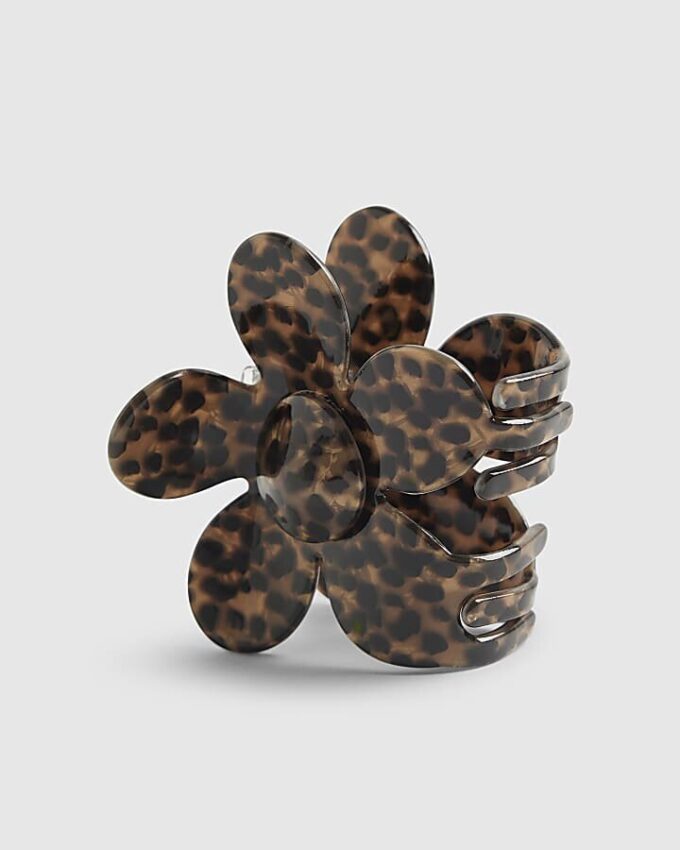 Brunt hårspänne med leopardmönster och blommor