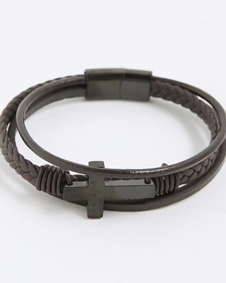 Brunt läderarmband med kors