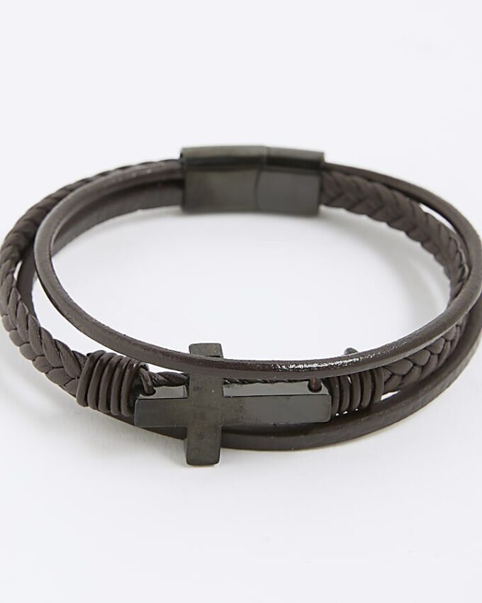 Brunt läderarmband med kors
