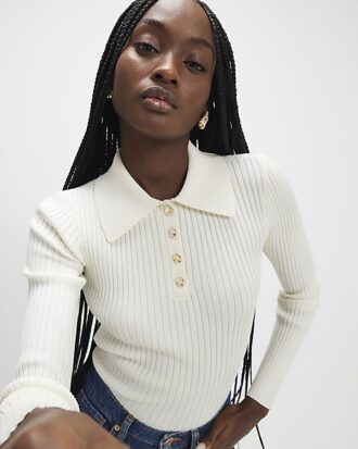 Cream Knitted Long Sleeve Polo Top