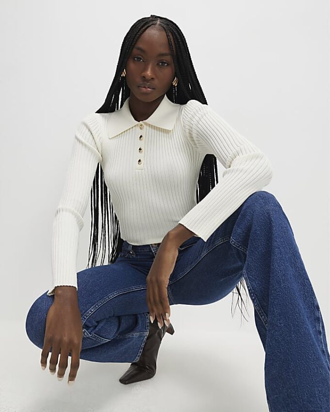 Cream Knitted Long Sleeve Polo Top