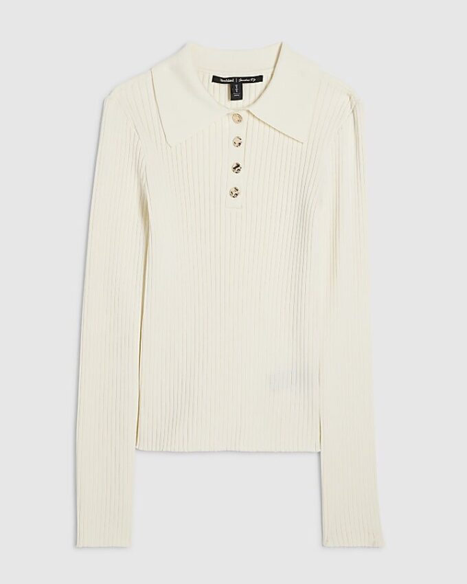 Cream Knitted Long Sleeve Polo Top