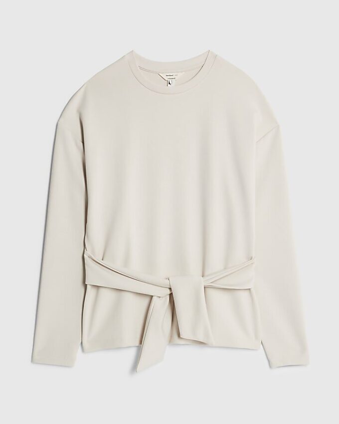 Cream Premium långärmad topp med knytning fram