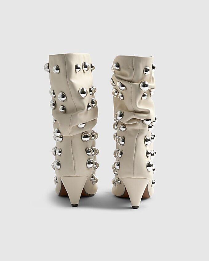 Cream Slouch Studded Ankle Boots