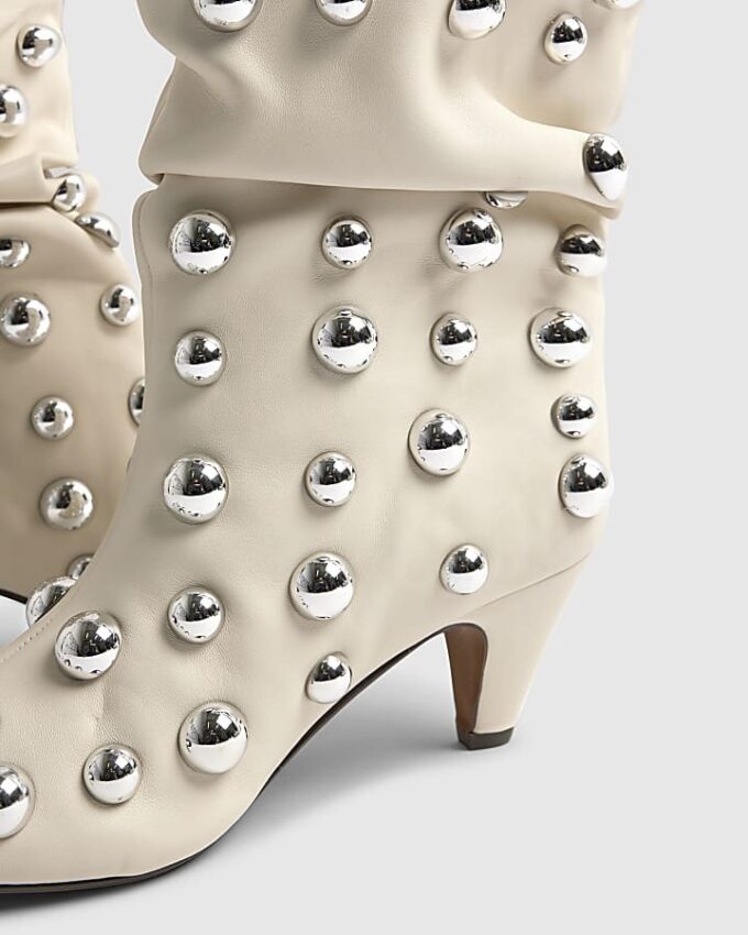 Cream Slouch Studded Ankle Boots
