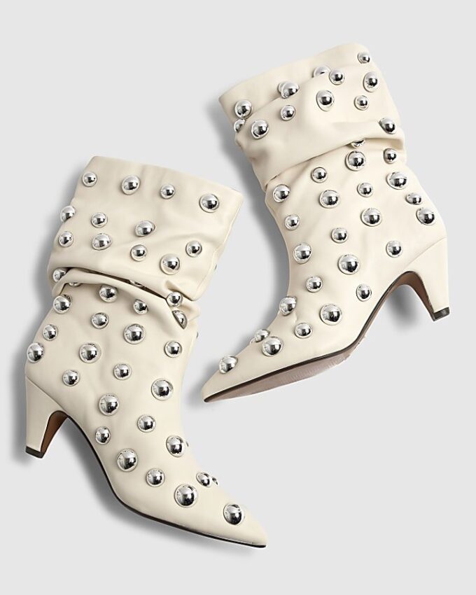 Cream Slouch Studded Ankle Boots